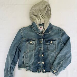 Justice Girls Denim Jean Jacket with Grey Hooded Sweatshirt Size 12 Distressed